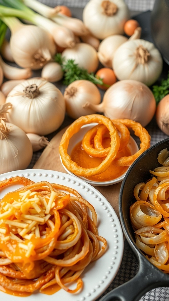 A collection of onion dishes: French onion soup, onion rings, and caramelized onions.